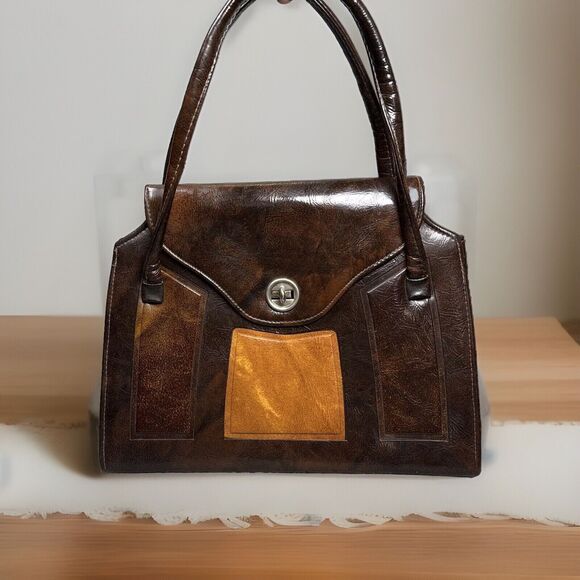 True‎ Vintage Purse Hard Case Turn-Lock Brown Patchwork Vinyl Mod Retro Handbag - Picture 1 of 16